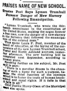 Short notice of the laying of the cornerstone for Trumbull in the Chicago Tribune, Oct 4, 1908.